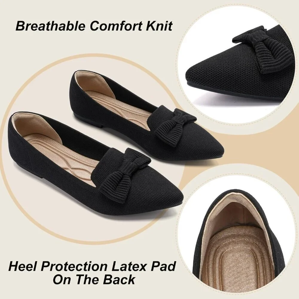Women Black Pointed Toe Dressy Comfortable Knit Breathable Mesh Ballet Flats